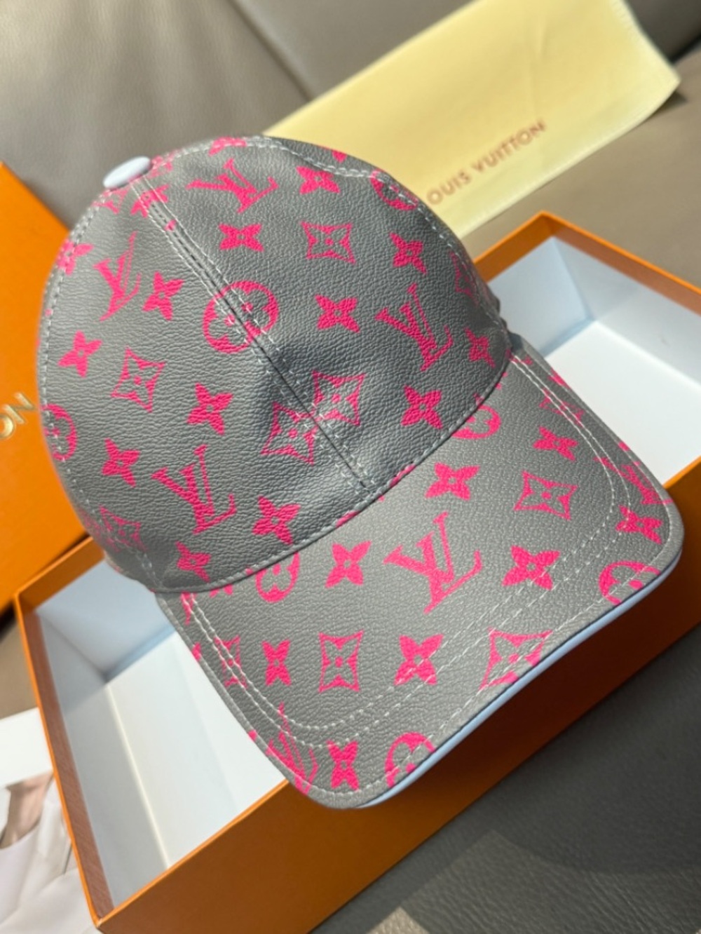 Louis. Vuitton. Metallic Silver Hot Pink All Over Monogram Baseball Hat